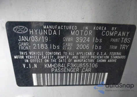 2019 Hyundai Elantra Sel z USA, uszkodzony, nr VIN KMHD84LF3KU855106
